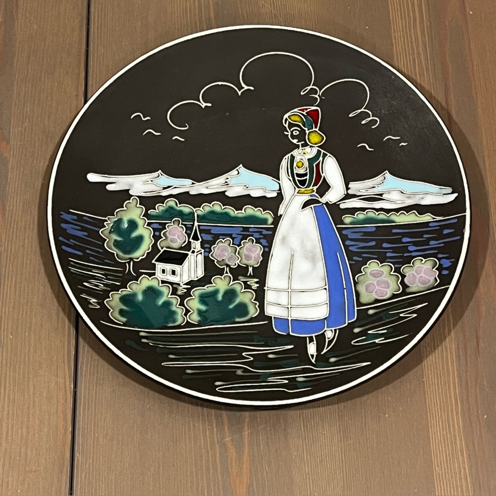 Norwegian Folk Art 10" Plate Black Hardanger Enameled Woman Mountains